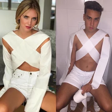 Po prawej Emanuele Ferrari parodiujący kreacje celebrytów 