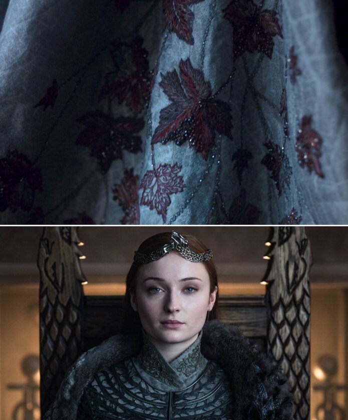 Koronacja Sansy Warto także zwrócić uwagę na koronę Sansy, która przedstawia dwie głowy wilkorów. Zwierzę to znajduje się w herbie rodu Starków.