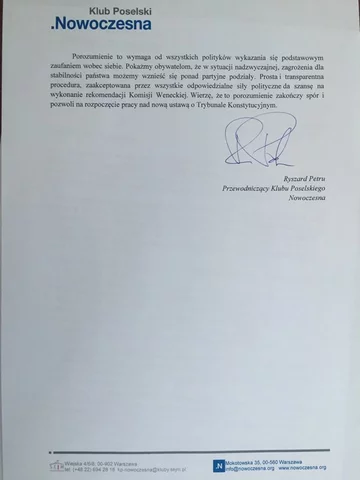 List Ryszarda Petru do prezydenta (fot. Twtter/@RyszardPetru)