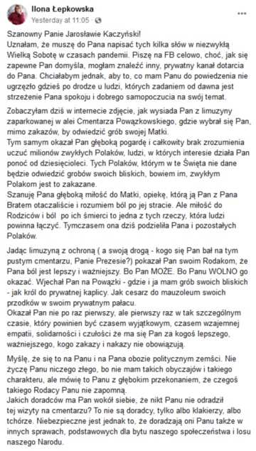 Ilona Łepkowska do&nbsp;prezesa PiS