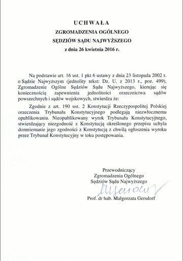 Uchwała Zgromadzenia Og&oacute;lnego Sędzi&oacute;w Sądu Najwyższego w&nbsp;sprawie "spornego" wyroku TK