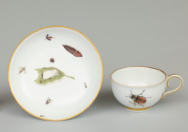 Porcelana miśnieńska z XVIII wieku zdobiona owadami i wygryzionym przez nie listkiem