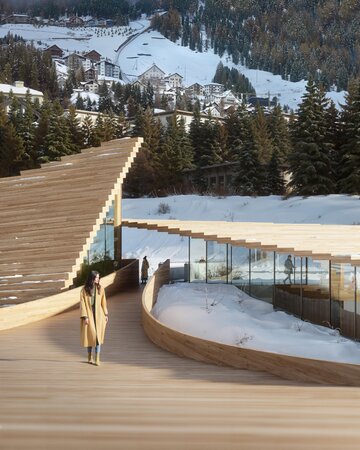 Drewniany pawilon nad jeziorem w&nbsp;St. Moritz zaprojektowany jako naturalne przedłużenie alpejskiego krajobrazu