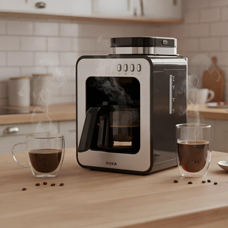 Przelewowy ekspres do&nbsp;kawy z&nbsp;młynkiem DUKA BOJE łączy funkcję mielenia ziaren i&nbsp;parzenia kawy w&nbsp;jednym urządzeniu. Poj. 600 ml,  funkcja podtrzymywania temperatury. Wyposażony w&nbsp;filtr, system anti‑drop i&nbsp;automatyczne wyłączanie po&nbsp;30 min
