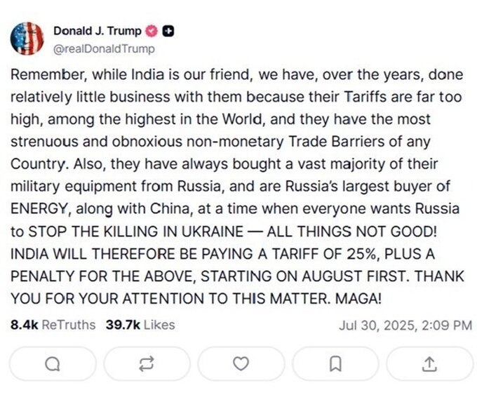 Post Donalda J. Trumpa zamieszczony na Truth Social 30 lipca 2025