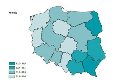 Średnia długość życia kobiet w&nbsp;poszczeg&oacute;lnych wojew&oacute;dztwach