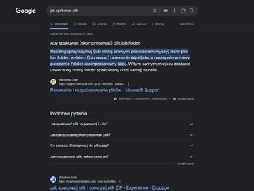 Wyniki wyszukiwania Google po&nbsp;wpisaniu &bdquo;Jak spakować plik&rdquo;