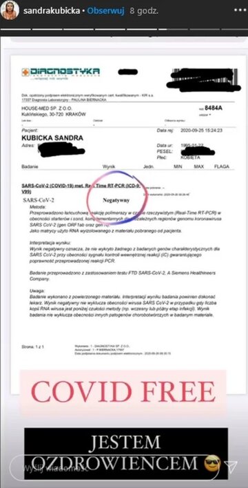 Wynik testu na&nbsp;koronawirusa Sandry Kubkickiej