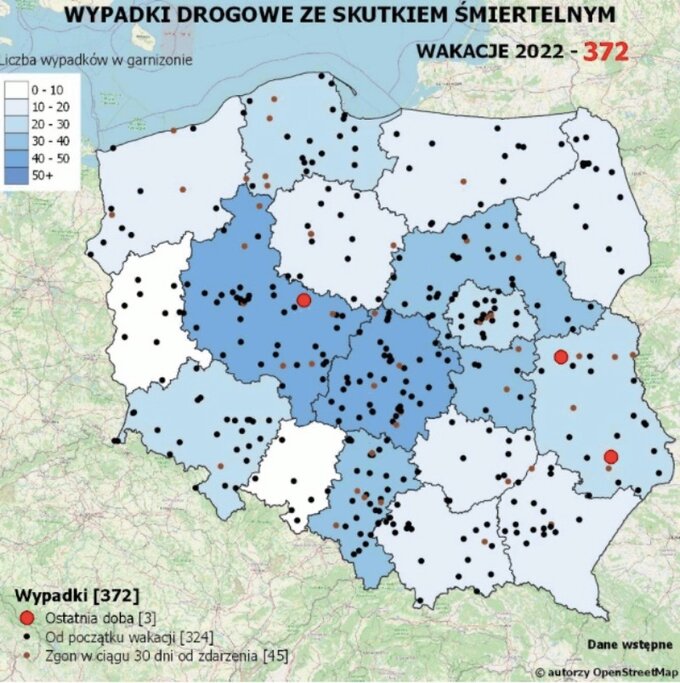 Mapa wypadków ze skutkiem śmiertlenym Wakacje 2022