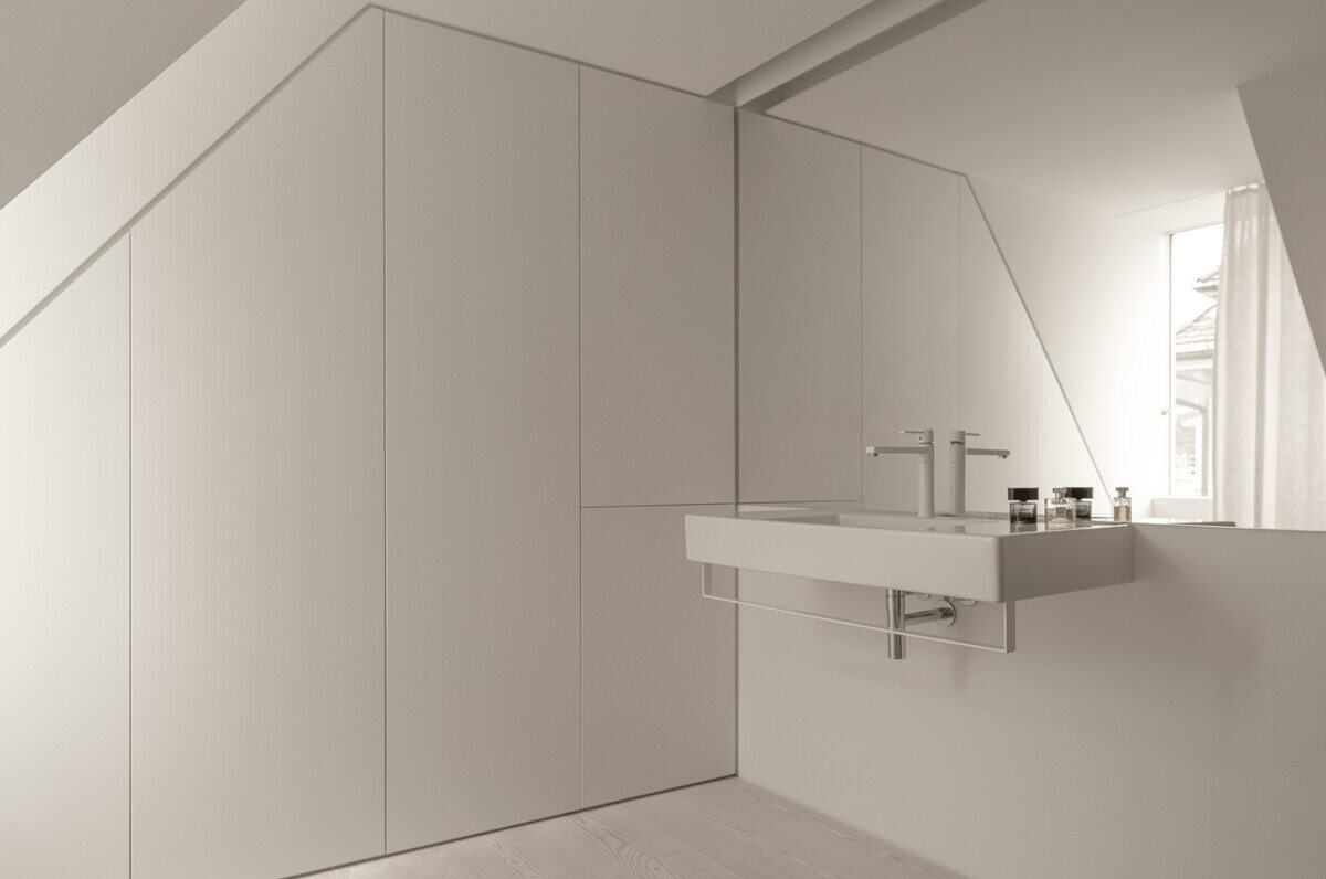 Minimalistyczna łazienka na poddaszu, projekt Keller Architekten Dinesen, Keller Architekten