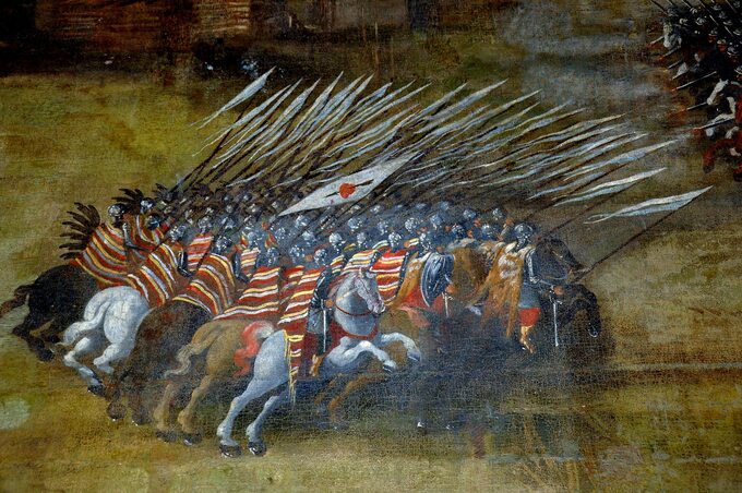 Atak polskiej husarii w bitwie pod Kłuszynem. Fragment obrazu Bitwa pod Kłuszynem Szymona Boguszowicza z 1620 r.