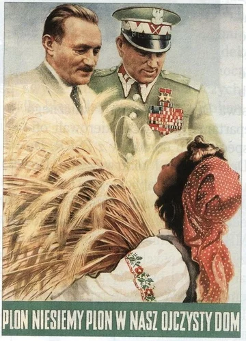 Plon niesiemy plon... Niesiemy plon dla Polski... na ręce bohaterów nowych czasów, Bolesława Bieruta i Konstantego Rokossowskiego.