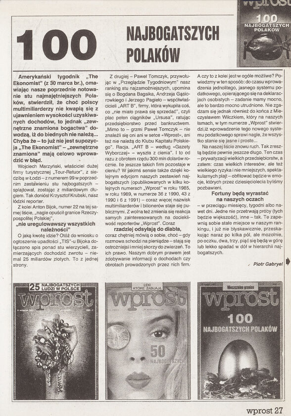 100 Najbogatszych Polaków - Ranking Wprost 1991 100 Najbogatszych Polaków - artykuł Piotra Gabryela