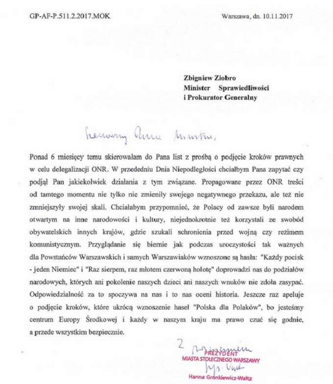 Pismo Prezydent Warszawy do Ministerstwa i Prokuratury