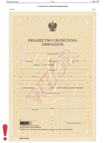 Prawidłowy wz&oacute;r świadectwa gimnazjalnego