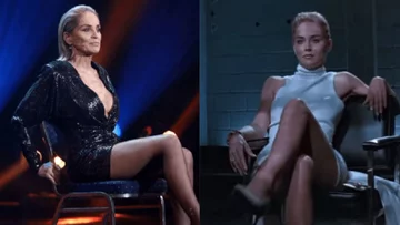 Sharon Stone na gali GQ i w filmie „Nagi instynkt” 