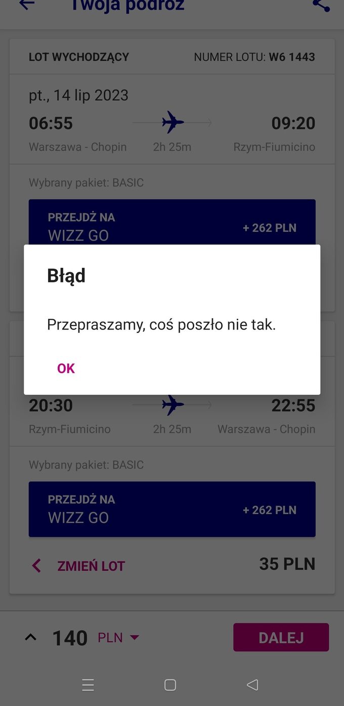 Błąd w aplikacji mobilnej Wizz Air