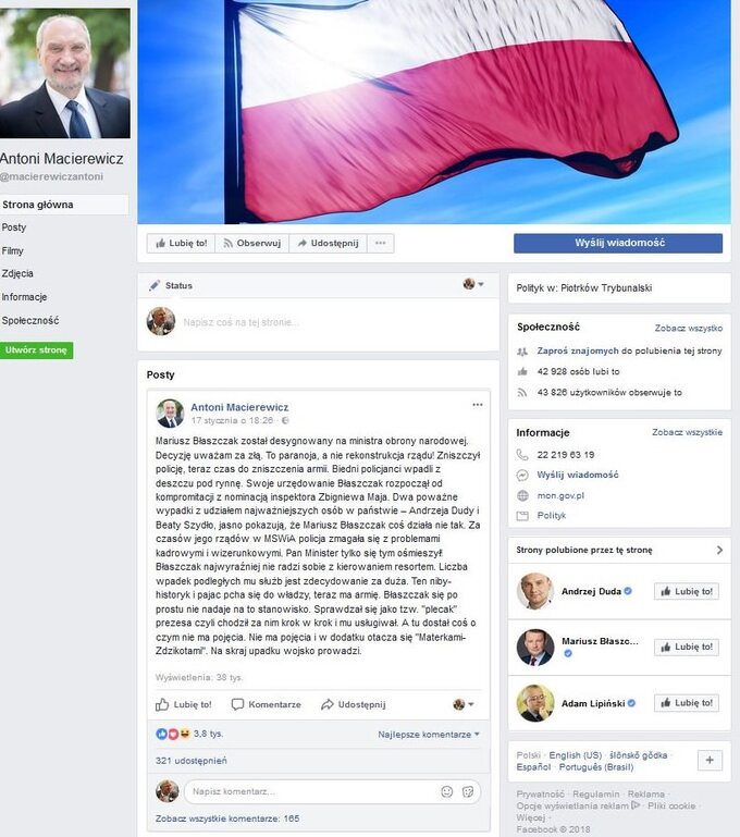 Screen z konta Antoniego Macierewicza na Facebooku