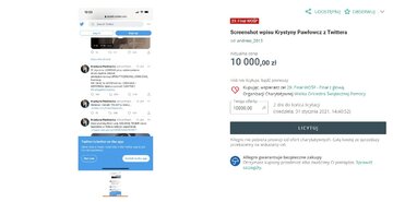 Zrzut ekranu wpisu Krystyny Pawłowicz wystawiony na&nbsp;aukcję WOŚP