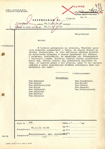 Szyfrogram z Ambasady PRL w Londynie z o wylocie premier Thatcher do Polski, 2 listopada 1988 r. (AMSZ).