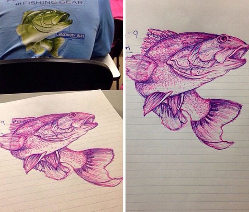 Nudziła się na lekcji, więc narysowała rybę z koszulki ucznia przed nią 