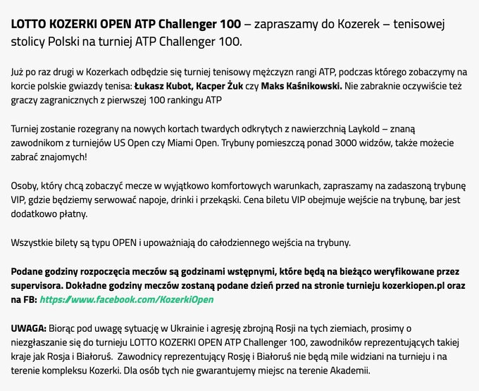 Wpis na stronie turnieju LOTTO Kozerki Open