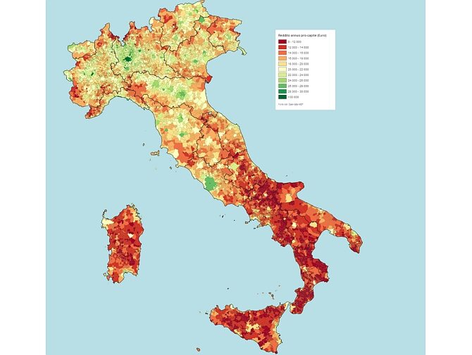 Słynny podział Włoch na bogatą północ i biedne południe. Im bardziej czerwony kolor tym biedniejsza gmina, im bardziej zielony - tym bogatsza. Bardzo wyróżnia się ciemnozielony Mediolan, zamożniejszy od stolicy.