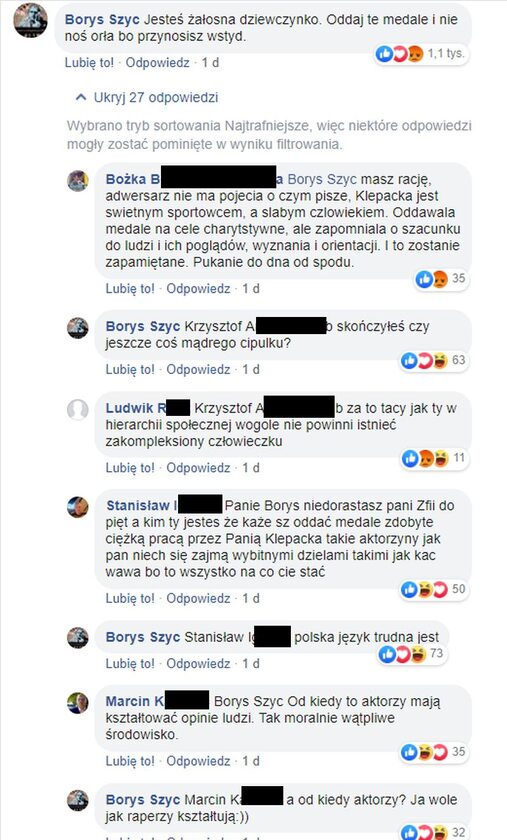 Screen z komentarzami pod wpisem Zofii Klepackiej na Facebooku 