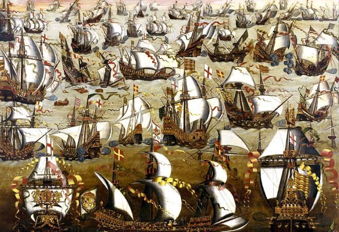 8 sierpnia 1588 Klęska Wielkiej Armady. flota hiszpańska biorąca udział w   wyprawie na Anglię, zniszczona w 1588 roku. (fot. domena publiczna)