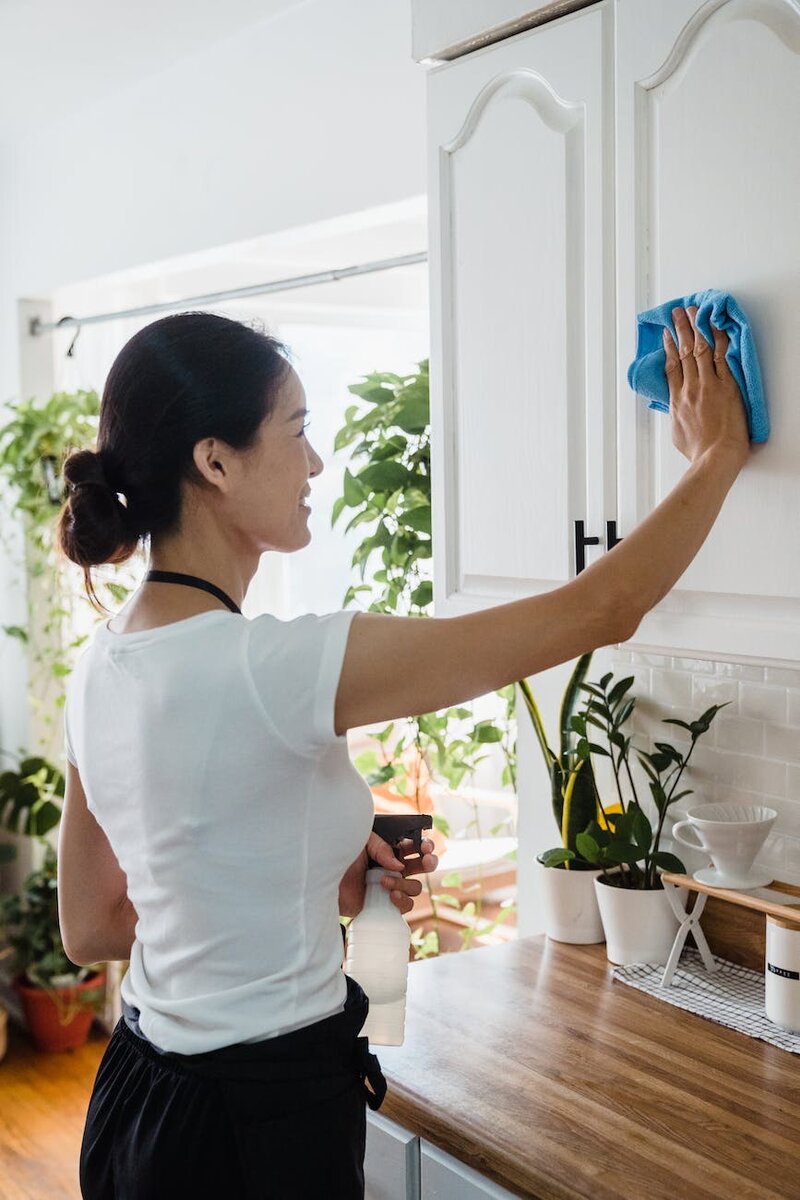 A Woman Wiping the Surface of a Cabinet