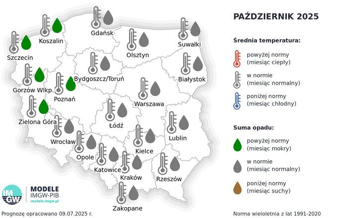 Średnia temperatura i opad w październiku 2025