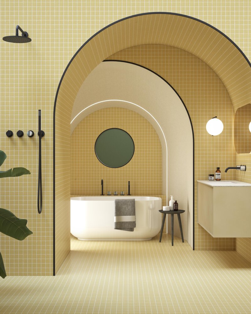 W&nbsp;łazience tile drenching obejmuje ściany, wnęki i&nbsp;strefę kąpielową, tworząc sp&oacute;jną, architektoniczną kompozycję