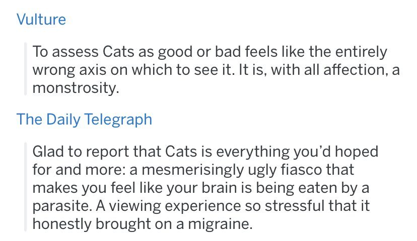 Fragmenty prawdziwych recenzji filmu „Koty” w poważnych portalach 