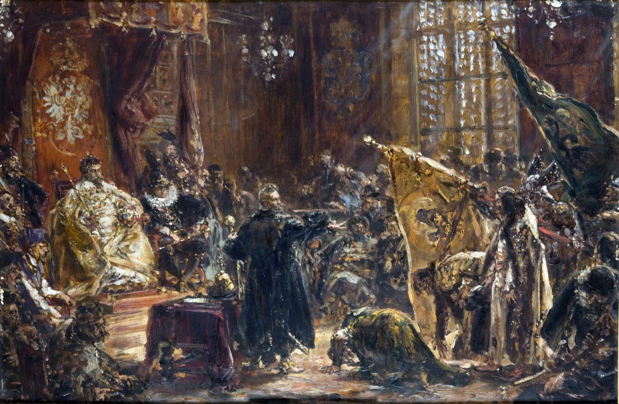 Obraz przedstawia pokłon byłego cara Wasyla IV Szujskiego z braćmi przed królem: