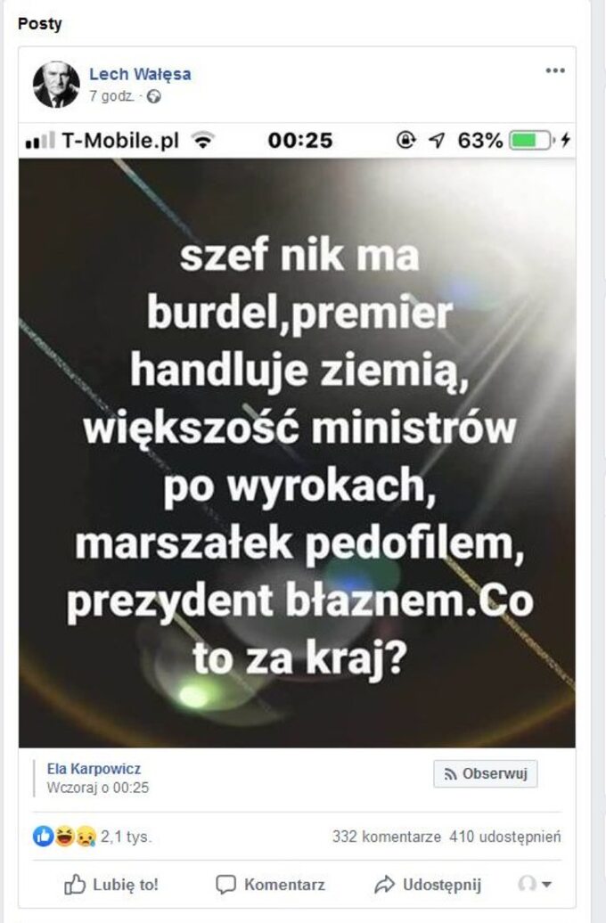 Post udostępniony na Facebooku Lecha Wałęsy