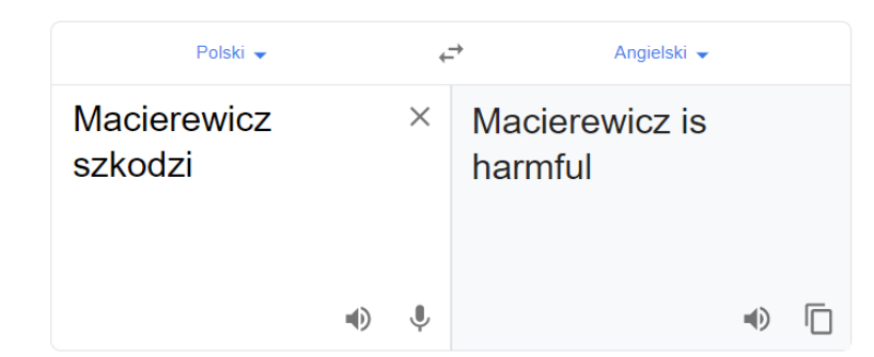 Tłumacz Google i fraza „Macierewicz szkodzi” 