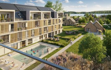 Vista Mikołajki &ndash; widok na&nbsp;basen i&nbsp;jezioro
