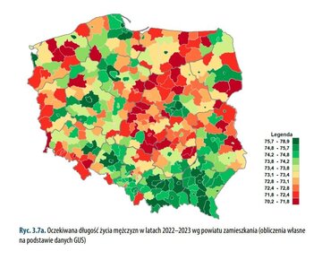 Oczekiwana długość życia mężczyzn w&nbsp;latach 2022&ndash;2023 wg powiatu