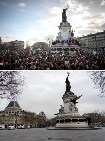 Plac Republiki w Paryżu 11 stycznia 2015 roku i 18 marca 2020 roku 