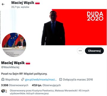 Maciej Wąsik ma&nbsp;nowy opis na&nbsp;platformie X. &bdquo;Więzień polityczny&rdquo;