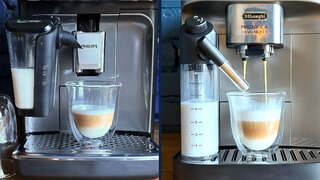 Karafki do mleka — porównanie.De’Longhi: karafka LatteCrema Hot o pojemności ok. 220–250 ml, automatyczne czyszczenie po użyciu, wszystkie elementy do zmywarki. Philips LatteGo 4400: karafka LatteGo 26 ml, bardzo szybkie mycie pod wodą lub w zmywarce