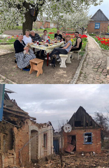 Na g&oacute;rze: rodzina Alony w&nbsp;Orichowie. Poniżej zniszczony dom