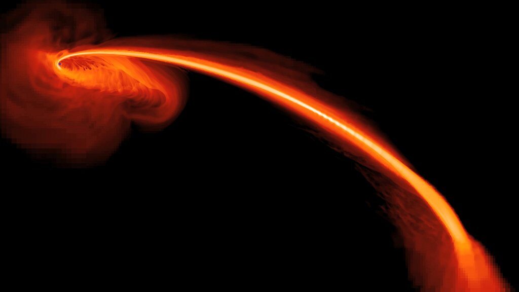 Artystyczna wizja śmierci gwiazdy, schwytanej w grawitacyjną pułapkę czarnej dziury