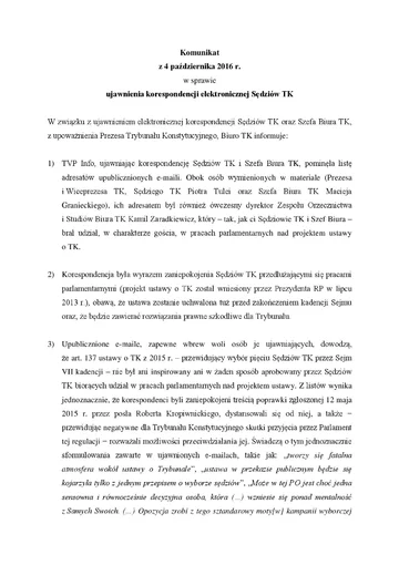 Komunikat w sprawie ujawnienia korespondencji elektronicznej Sędziów TK 