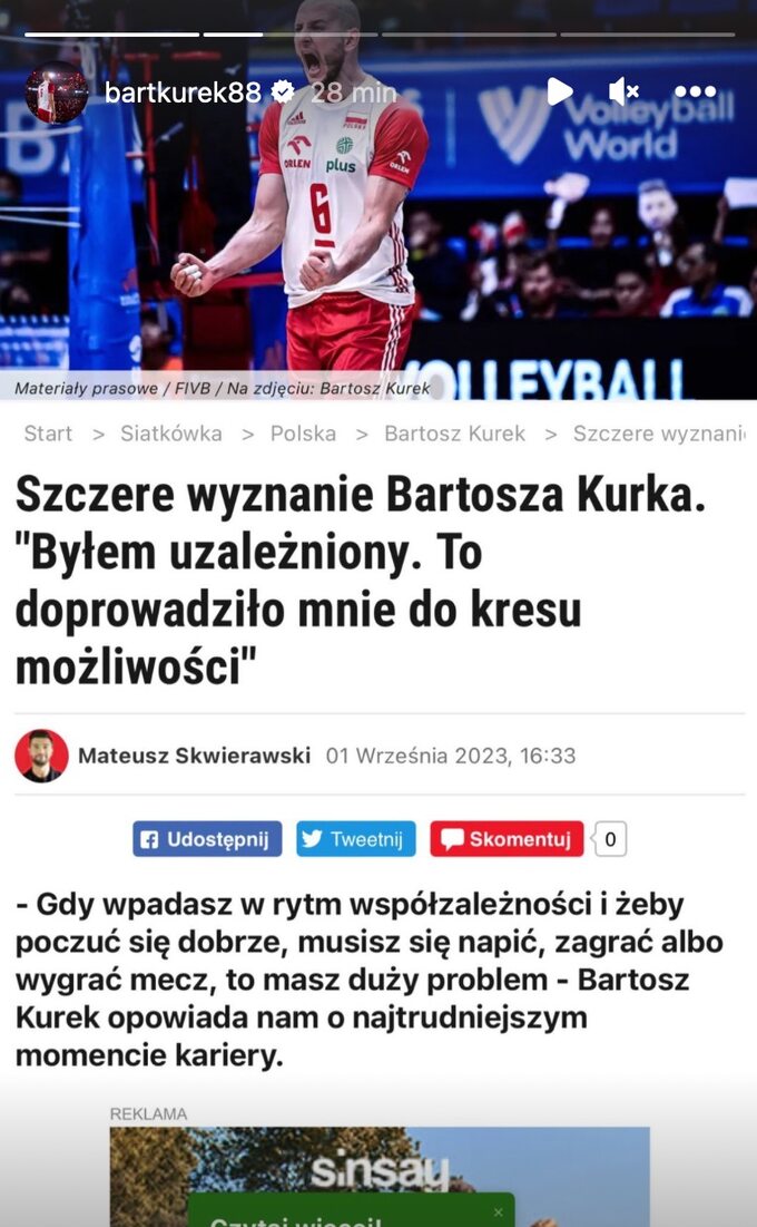 Wpis na stories Bartosza Kurka