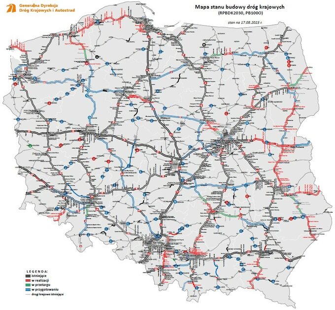 Mapa stanu budowy dróg krajowych stan na 17.08.2023