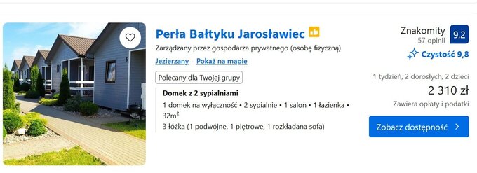 Przykładowa oferta dla rodziny 2+2 w Jarosławcu