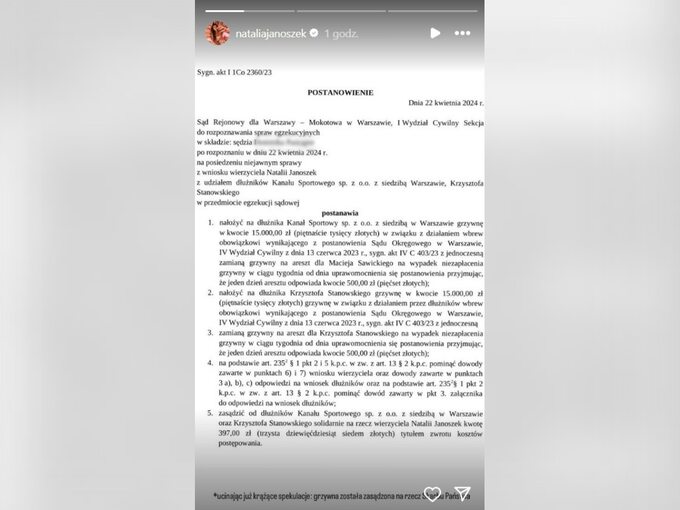 Postanowienie sądu w sprawie Krzysztof Stanowski – Natalia Janoszek