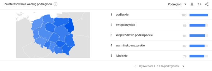 Zainteresowanie hasłem „czy cierpienie umożliwia osiągnięcie konkretnego celu” w poszczególnych województwach