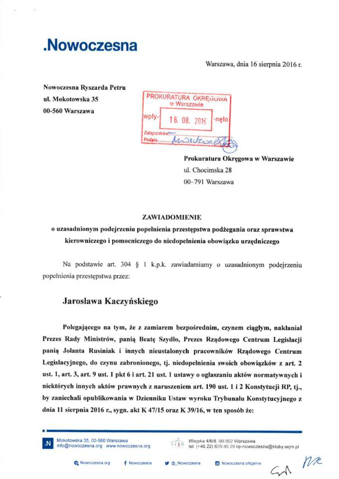 Zawiadomienie Nowoczesnej w sprawie J. Kaczyńskiego